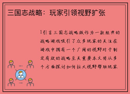 三国志战略：玩家引领视野扩张